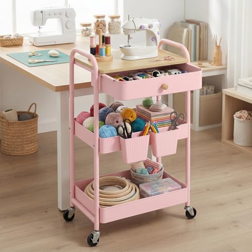 danpinera Rolling Cart with Drawers, Storage Cartwith Locked Wheels, Hooks & Hanging Cups for Any Room, Pink - color: Pink
