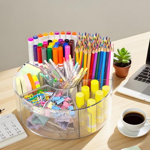 Vowcarol Acrylic Pen Holder for Desk, 360 Degree Rotating Marker Organizer, Art Supply Storage - 6 Compartments