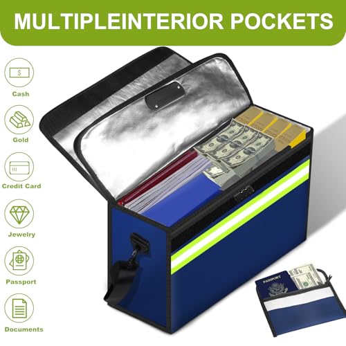 Fireproof Money Bags with Lock-6500°F Fireproof Document Box,10 Layers Insulation Materials&Waterproof Zipper,Removable Folder Layers/Wallet,Reflective Strip for Cash,Valuables(14.2âx 9.6âx 4.1â) - color: Blue, size: Medium