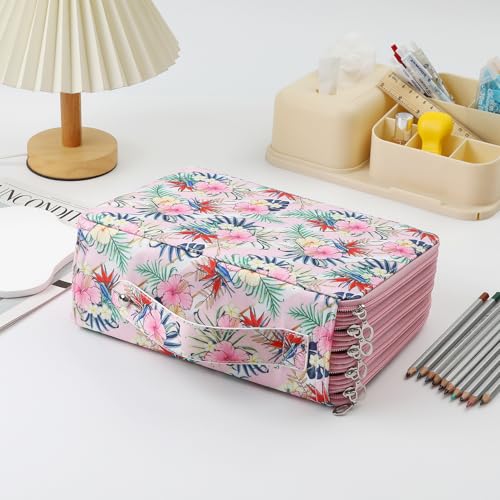 Canvas 250 Slots Pencil Case 5-Layer Zipped Holder w/Handle - color: Pink Flower, size: 250