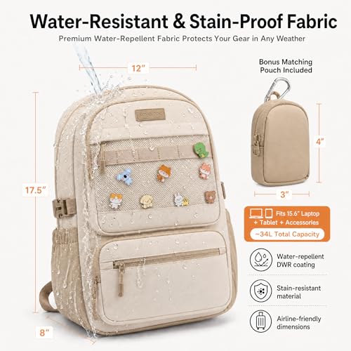 LOVEVOOK Women Laptop Backpack, 17" Water-Resistant College Backpacks, Teacher Nurse Work Bag, Travel Daypack with Mini Pouch - color: Beige - Khaki