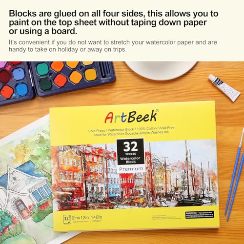 ArtBeek 100% Cotton Watercolor Block, 140lb/300GSM Cold Press 11x14 Inch - size: Cold Press 11x14