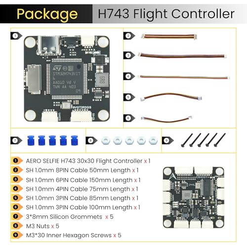 AERO SELFIE H743 Flight Controller: 30x30 FC for Drones with Dual IMU, Compass, Barometer, STM32H743, 7 UART, 10 PWM, Supports Betaflight, INAV, Ardupilot, PX4 USB-C, Blackbox Logging, 5V/9V BEC Outputs