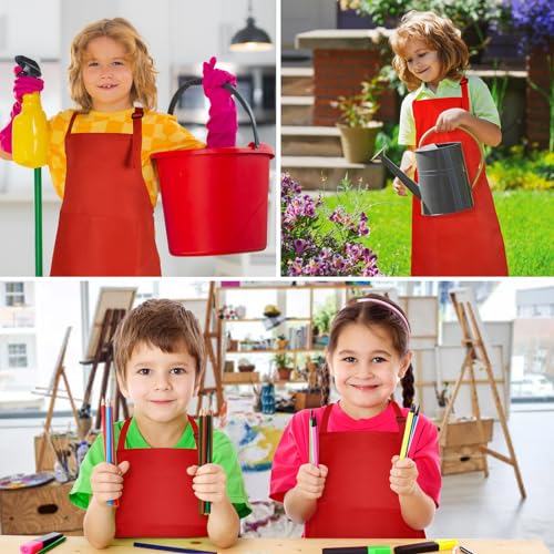 PLULON 12 Pcs Kids Aprons with 2 Pockets Painting Aprons for Kids Aprons Bulk, Paint Apron Adjustable Children Chef Aprons for Girls Boys Painting Baking Cooking Crafting - Red - color: Red