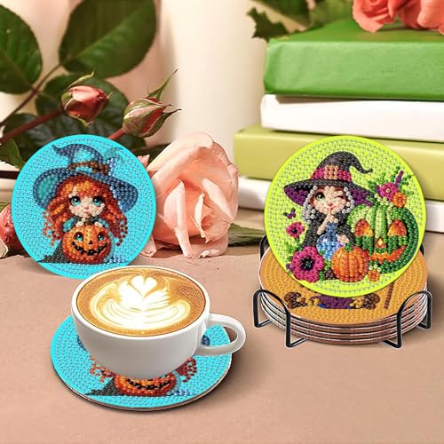 askkqtx 8 Pcs Halloween Diamond Art Coasters Kits with Holder 4X4 Inch - color: BDWY504