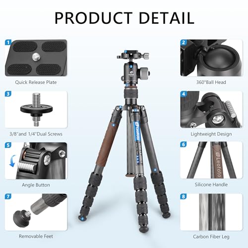 LEOFOTO Carbon Fiber Lightweight Travel Tripod with 360° Ball Head, Reverse Folding, Removable Center Column, Folded Height 36cm, Maximum Load 8KG - color: with Center Column, Max Load 8kg