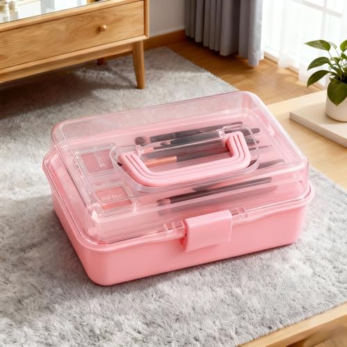 3 Layers Craft Organizers and Storage with Handle Portable, Pink - color: Pink