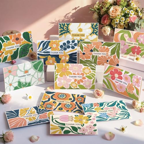 Saillong 12 Pack Thank You Diamond Painting Greeting Card Kit DIY Spring Flower Diamond Art Cards with Envelope Teacher Appreciation Gift 5D Rhinestones Painting Making Kit for Adult Teacher DIY Craft - color: Thank You