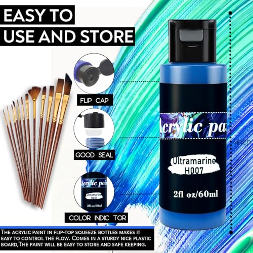 Acrylic Paint Set 76 PCS of 64 Colors 2fl oz 60ml Bottles with 12 Brushes,Non Toxic 64 Colors Acrylic Paint No Fading Rich Pigment for Kids Adults Artists Canvas Crafts Wood Painting