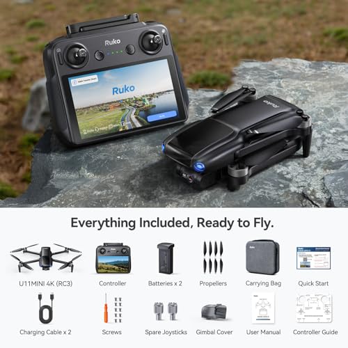 Ruko U11MINI 4K (RC3) Camera Drone for Adults with 5.5" Touchscreen Remote - color: Updated Black