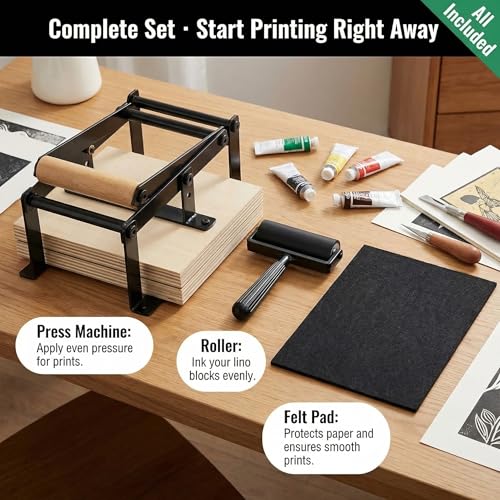 Printing Linocut Hand Lever Press Machine with Rollers and Felt Pads for Lino Cuts, Cutting Printing, Linoleum Blocks Printmaking Tools Kit Print Maker Woodblock, Black(A5) - size: A5