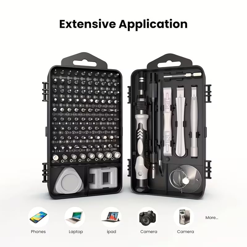 A comprehensive screwdriver kit with 115 tools, designed for versatility and high durability. This multifunctional disassembly kit includes irregular drill bits - color: Black