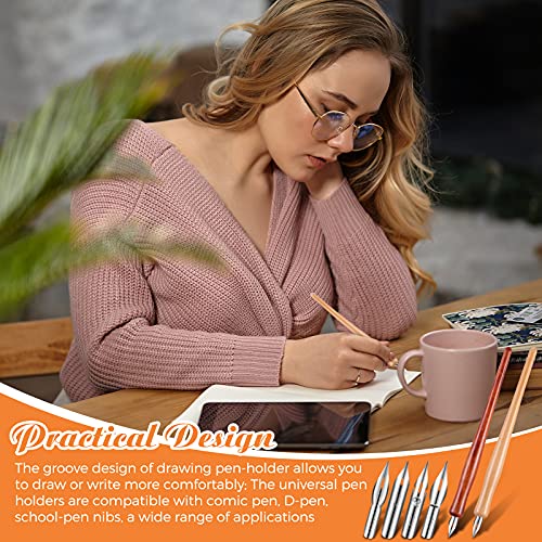Chinco 14 Pcs Dip Pen Nibs Holders with Comic Wooden Drawing Pens Holder