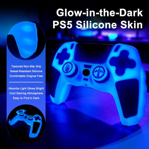 2 Pack Glow in the Dark Controller Skin Silicone Grip Protective Case Cover and 4 Thumb Grips caps Accessories. (2 Pack Glow Blue Black) - color: 2 Pack Glow Blue Black