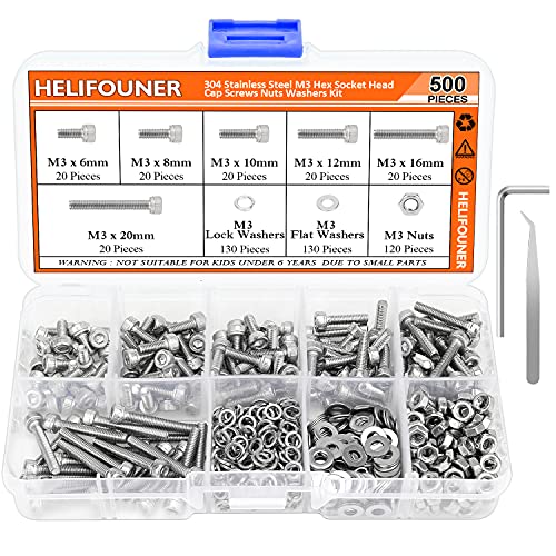 HELIFOUNER 500 Pieces M3 x 6mm /8mm /10mm /12mm /16mm /20mm, Hex Socket Head Cap Metric Screws Bolts Washers Nuts Kit, 304 Stainless Steel - size: M3