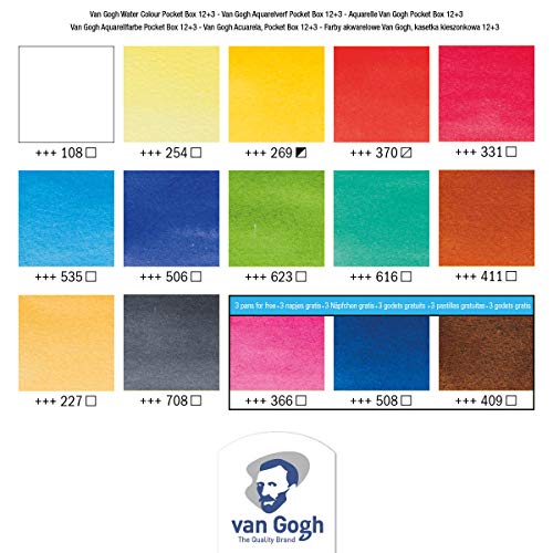 Van Gogh Watercolor Paint Set, Plastic Pocketbox, 12-Half Pan + 3-Half Pan Bonus General Selection - color: 12+3 General (Plastic Pocketbox), style: Modern
