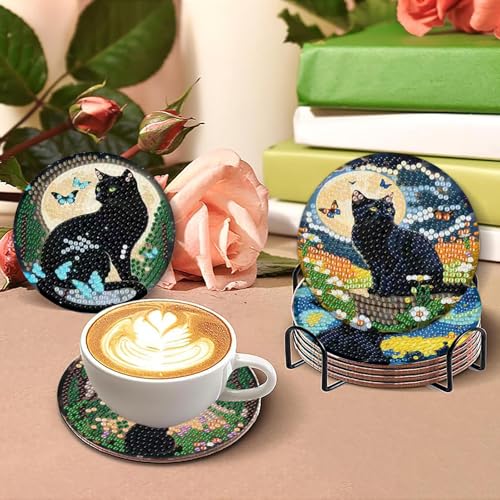 askkqtx 8 Pcs Black Cat Diamond Art Coasters Kits with Holder 4X4 Inch - color: Coasters-bdwy340