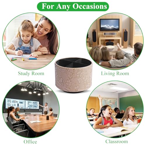 Round Leather Art Supply Organizer,Remote Control Holder,360-degree Rotating Pen Organizer with 4 Compartments(1-Butterfly Brown) - color: 1-3Butterfly Brown
