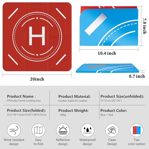 FPVtosky Nighttime Reflective Drone Landing Pad, Fast-fold Double Sided Waterproof Landig Pad Weighted for DJI Lito X1/Mini 5 Pro/ 4/3 Pro/Mini 4k / Mavic 4 / Air 3s/ Avata 2/ Neo/Flip - size: 20 in