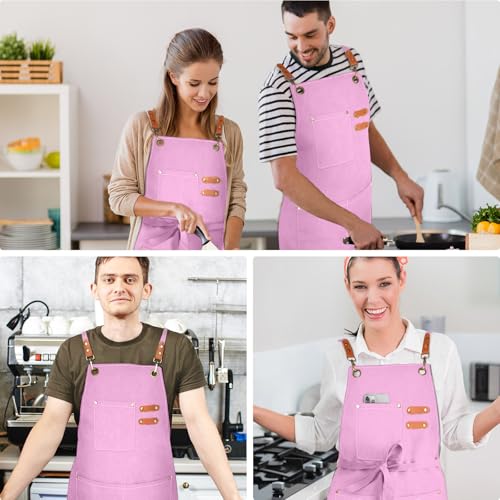 OUNLEN Chef Apron for Men Women Canvas Aprons with 3 Pockets Cross Back Resistant Work Apron for Cooking - color: Light Pink