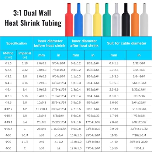 1/4" 3:1 Heat Shrink Tubing, Dual Wall Adhesive Lined Wire Heat Shrink Tube Insulation Sealing Waterproof Oil-Proof Anti-Friction (Blue, 16.4ft) - color: Blue, size: 6.4mm(1/4")-16.4ft