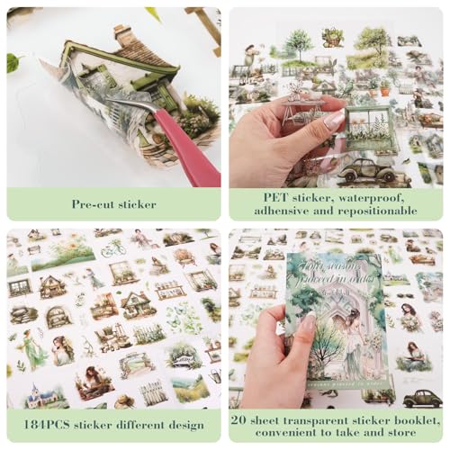 Spring Theme Journal Stickers - 20 Sheets Precut PET Tape Stickers for Junk Journal, Planner, Scrapbooking & Art Collage - color: Green