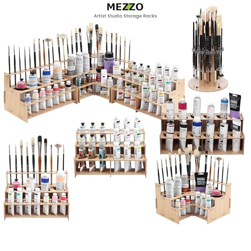 HG Art Concepts Mezzo Artist Paint and Brush Racks - Wood Grain Laminate Multi Layer Desk Stand Professional Storage Display Organizer for Paintbrushes and Tubes - Corner Rack