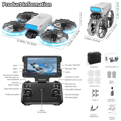 foldable mini drone, high-definition camera drone, quadcopter aircraft, 2.4-inch foldable remote control, 2 batteries and carrying case - safety propeller protection device, equipped with LED body light, weighing less than 250 grams, lightweight and porta
