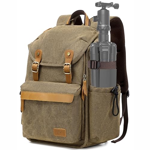 Padwa Lifestyle Khaki Camera Backpack - Professional DSLR & UAV Camera Bag,Anti Theft Canvas Camera Backpacks with Rain Cover,Large Capacity Photography Travel Camera Bag with Multi Compartments - color: Khaki Canvas, style: Canvas Bag Flap