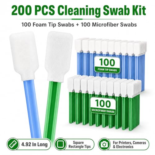 200 PCS Cleaning Swabs, Printer Cleaning Kit with 100 Microfiber Tips and 100 Foam Swabs, Square and Rectangular Cleaning Sticks for 3D Printers, Inkjet Printers, Cameras, Optics and Electronics - color: Green & Blue