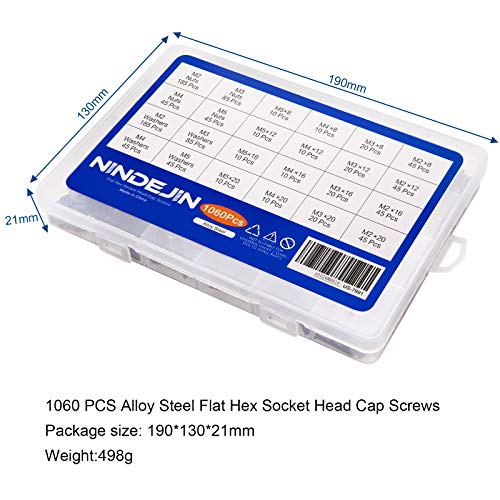 NINDEJIN Hex Socket Flat Head Screw M2 M3 M4 M5 Bolts Nuts and Washer Assortment Kit, 1060 PCS Metric Screws with 4 PCS Allen Wrenches, Small Black Machine Screws Set, 12.9 Carbon Steel - size: 1060 Hex Flat Head Socket Screws Nuts