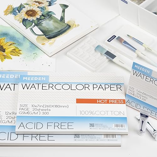 MEEDEN Cotton Watercolor Paper Block: 10" x 7" Hot Pressed of 20 Sheets - color: Hot Press, size: 10×7"