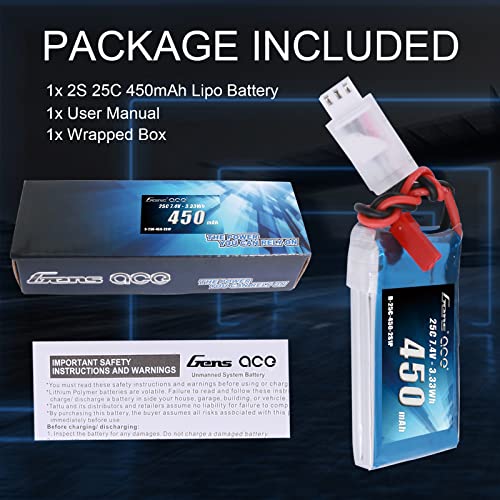 Gens ace 7.4V 450mAh 2S LiPo Battery Pack 25C/50C with JST Plug for Emax Babyhawk RC Heli 250 Helicopter Small Airplane Micro FPV Racing Drone Quadcopter