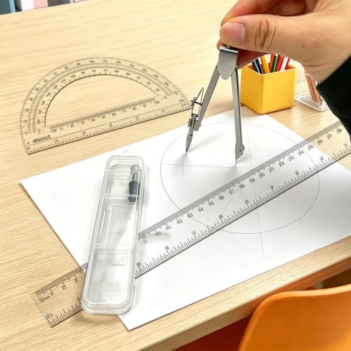 3 Packs Plastic 12 Inch Ruler-6 Inch Clear Protractor Drawing Compasses Set, Student Geometry Math Transparent Measuring Tools for Home School Classroom Office Supplies