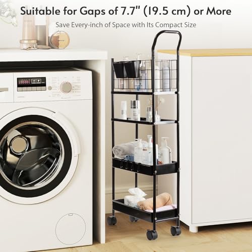 danpinera 4 Tier Slim Cart with Wheels, 7.7’’ Metal Skinny Rolling Storage Cart on Wheels for Kitchen, Bedroom, Office, Laundry Room, Small Narrow Spaces with Hooks and Cups, Black - style: 4 Tier Black