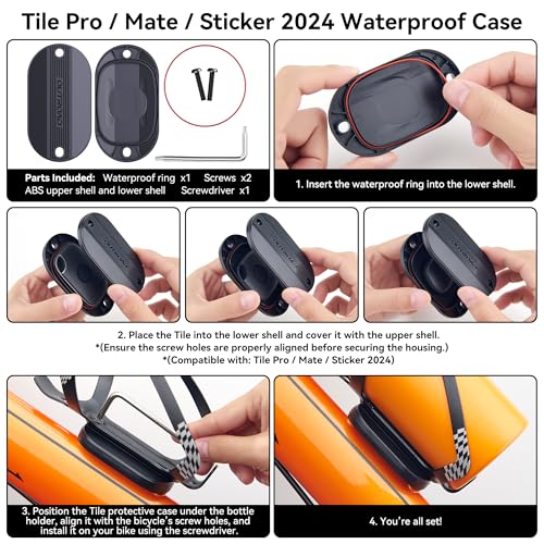 for Tile Bike Mount- Compatible with Tile Pro / Mate / Sticker, IPX8 Waterproof Bike GPS Tracker Holder, Hidden Under Bottle Cage or Alone, Extended M5 Black Safety Screws with Driver (1 Pack-Black)