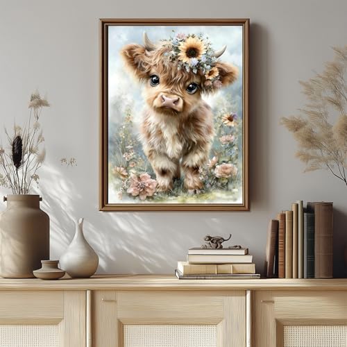 Highland Cow Diamond Art Kits for Adults,Retro Flowers Diamond Painting - color: DP03966