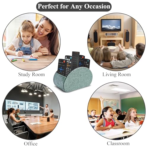 Remote Control Holder, PU Leather Remote Caddy Desktop Organizer with 5 Spacious Compartments for TV Remotes/Media Controllers/Office Supplies (1-Carved3 Green1 - color: 1-Carved3 Green1