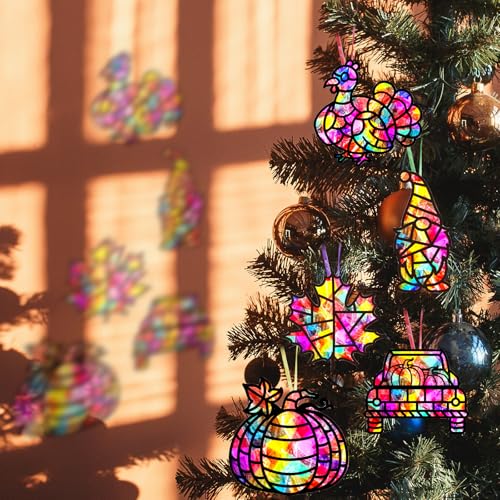 EggSun 36 Sets Fall Thanksgiving Suncatchers Craft Kit for Kids Ornaments Stained Glass Window Arts and Crafts Kit for Classroom Holiday Projects Home Party Favors Decorations Ages 4 8 12 - style: Thanksgiving