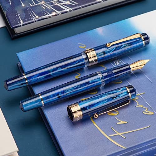 Asvine P20 Galaxy Blue Fountain Pen Piston Filling, Gold Plated Fine Point Smooth Writer with Pen Gift Case - color: Galaxy Blue, style: Fine Point