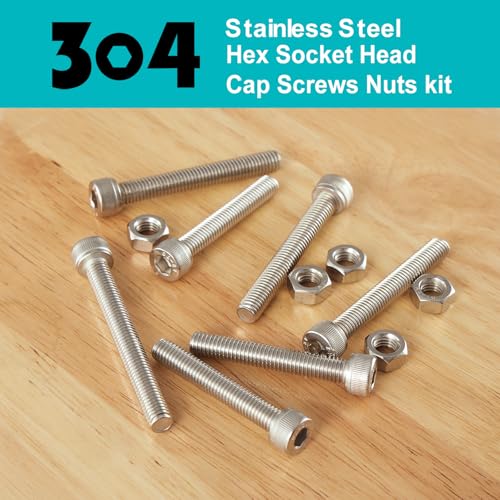 M4 x 10mm 20mm 30mm 40mm Hex Socket Head Cap Screws Bolts and Nuts, Stainless Steel 304, Bright Finish, Metric Allen Drive, Fully Thread, Assortment Kit 120PCS - size: Socket M4x10-40mm+Nuts