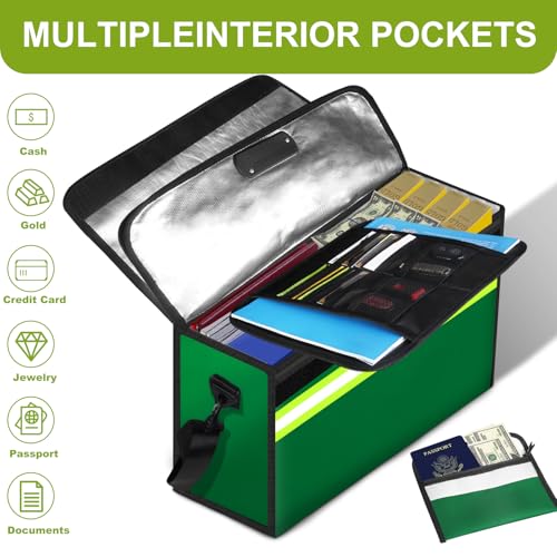Large Fireproof Money Bags with Lock-6500°F Fireproof Document Box,10 Layers Insulation Materials&Waterproof Zipper,Removable Folder Layers/Wallet,Reflective Strip for Valuables(16.5âx 12.4âx 5.5â) - color: Green, size: Large