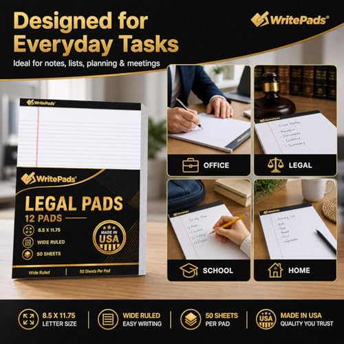Legal Pads 8.5 x 11.75 Inch Wide Ruled Writing Pads, 12 Pack Note Pads - White Perforated Paper with Hard Back, 50 Sheets Per Pad, No Bleed Paper Notepad for Office, School, Business MADE IN USA - size: 8.5x11 Inch-White, style: 12 PACK