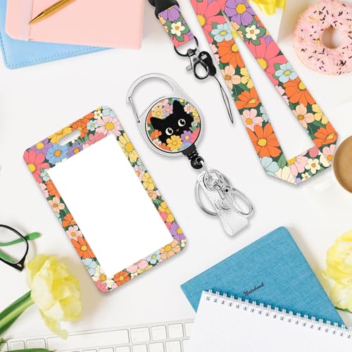 Black Cat Flower Lanyards for Badges, Cute ID Badge Holder - color: Cat Flower