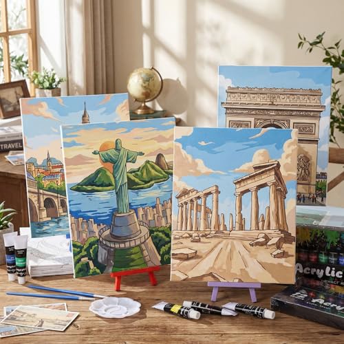 Sherr 108 Pcs Landmarks Sip and Paint Kit, Pre Drawn Canvas for Adults - style: Landmarks