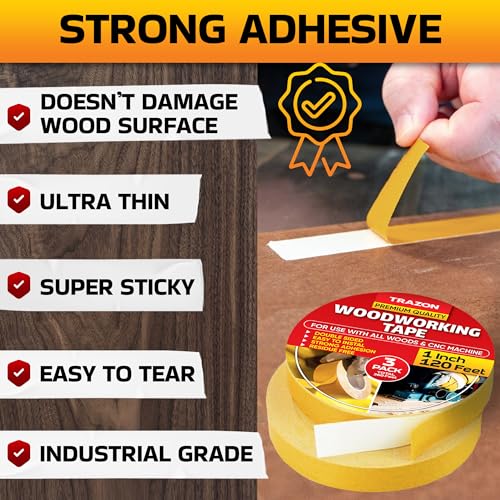 Trazon Double Sided Woodworking Tape Super Strong, 3 Pack, 1 Inch x 120 Feet, Wood Crafter Sticky Tool, Two Side Adhesive for Router Templates and CNC Machine, Removable & Residue Free - size: 1 Inch x 120 Feet