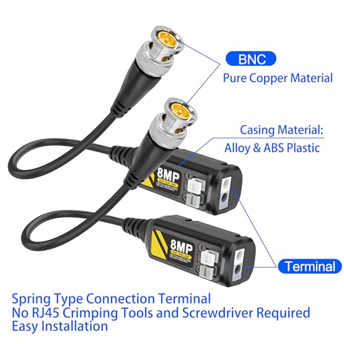 MEIRIYFA 8MP Passive HD BNC Video Balun Connectors Passive AHD/TVI/CVI/CVBS Transceiver Transmitter for 720P/960P/1080P/3MP/4MP/5MP/8MP CCTV Security Cameras - 2 Pairs