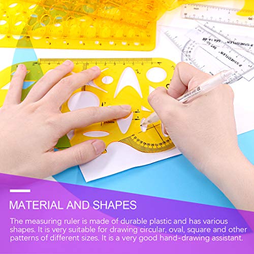 Swpeet 18Pcs Plastic Yellow Geometric Drawings Templates Kit, 10 Different Geometric Measuring Drawings Templates Stencils with 2Pcs Pencil and 5Pcs Measuring Ruler for Drawing Engineering Drafting