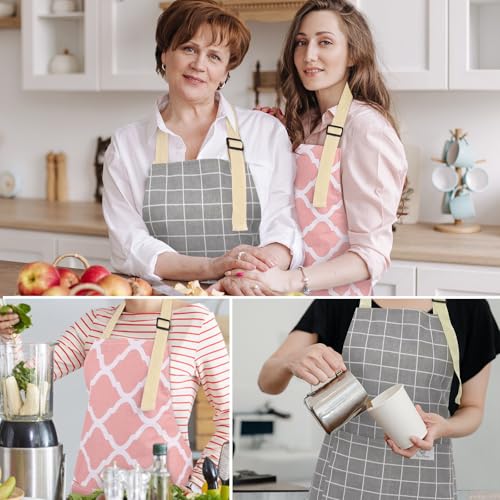 2 Pieces Aprons for Women with Pockets, Cotton Linen Waterproof Kitchen Cooking Aprons, Chef Apronfor Men Women with Adjustable Neck Strap and Long Ties(Pink/Grey) - color: Pink/Grey