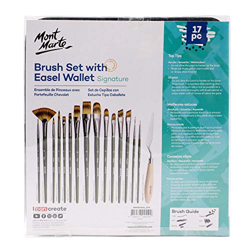 Mont Marte Signature Brush Set with Wallet, 17 Piece, Suitable for Oil, Acrylic, Watercolor and Gouache Paint, Easel Wallet Included - size: 17pcs